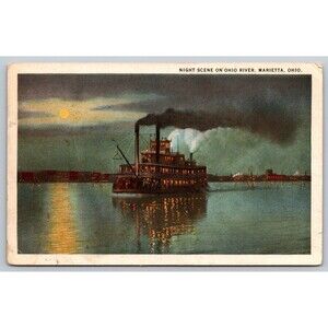 Postcard Ohio Marietta Night Scene on River Moonlight Steamship Posted 1927 OH